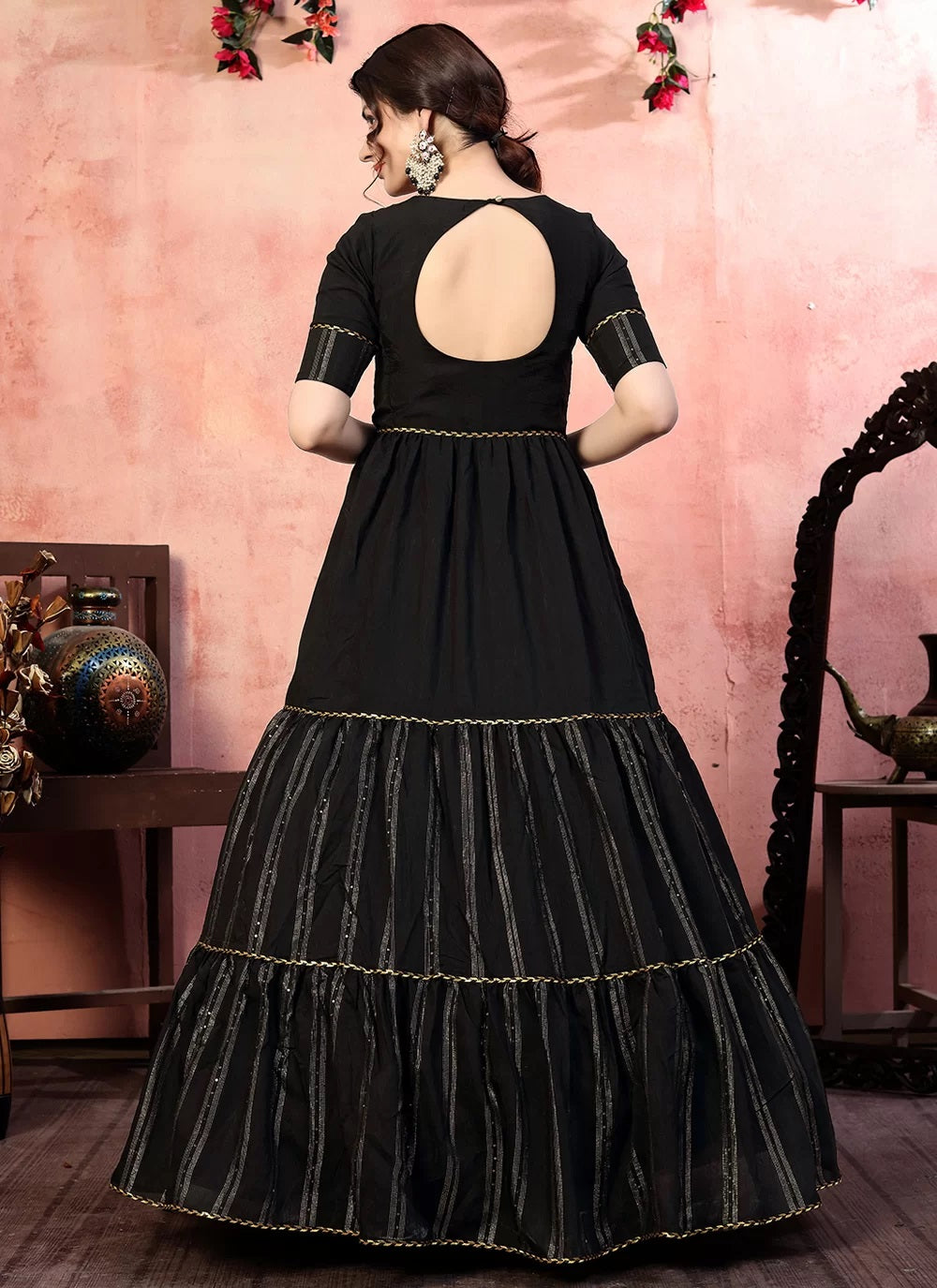 Black silk V neck handworked dress – Threads